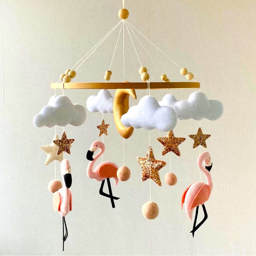 Adorable Handmade Flamingo, Star, Cloud, and Moon Baby Mobile For Nursery